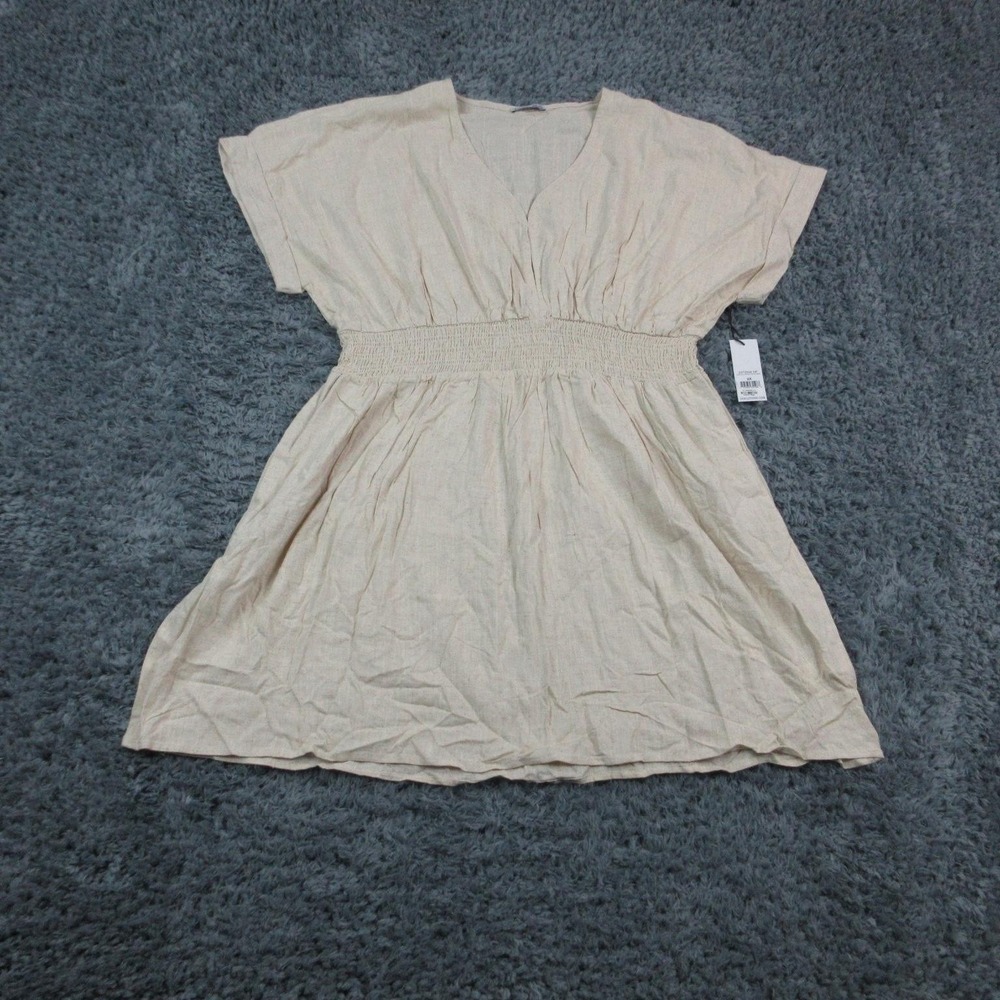 Dex Plus Dress Womens 2X Beige Rayon Linen Smocked Waist V Neck NWT